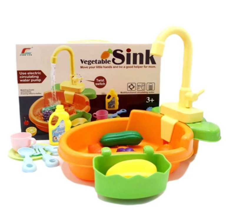 سینک ظرفشویی اسباب بازی کودک مدل Vegetable Sink با شیر آب گردشی، لوازم آشپزخانه و میوه‌های اسباب بازی